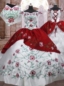 Pretty Taffeta Off The Shoulder Sleeveless Lace Up Embroidery and Ruffled Layers Quinceanera Gowns in White And Red