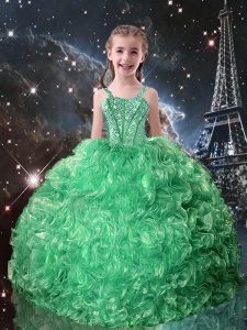 Turquoise Ball Gowns Straps Sleeveless Organza Floor Length Lace Up Beading and Ruffles Kids Formal Wear