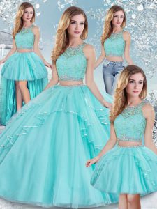 Gorgeous Floor Length Aqua Blue 15 Quinceanera Dress Tulle Sleeveless Lace and Sequins