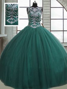 Dark Green Ball Gowns Beading Vestidos de Quinceanera Lace Up Tulle Sleeveless Floor Length