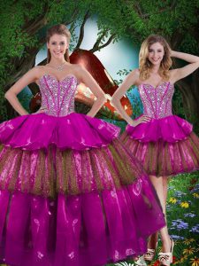 Multi-color Ball Gowns Sweetheart Sleeveless Organza Floor Length Lace Up Beading and Ruffled Layers and Sequins Ball Gown Prom Dress