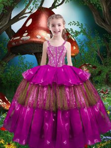 Fuchsia Straps Lace Up Beading and Ruffled Layers Child Pageant Dress Sleeveless