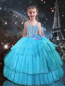 Floor Length Lace Up Girls Pageant Dresses Aqua Blue for Quinceanera and Wedding Party with Beading and Ruffled Layers
