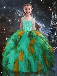 Sleeveless Floor Length Beading and Ruffles Lace Up Pageant Gowns For Girls with Turquoise
