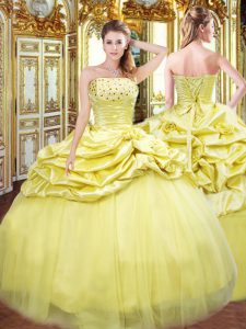 Ideal Gold Taffeta Lace Up Strapless Sleeveless Floor Length 15 Quinceanera Dress Beading and Pick Ups