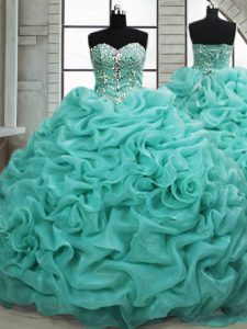 Sleeveless Organza Brush Train Lace Up Quinceanera Gown in Turquoise with Beading and Pick Ups