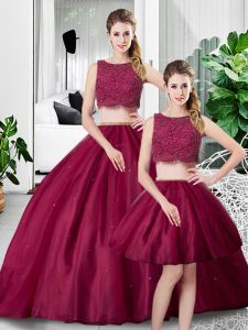 Fuchsia Tulle Zipper 15 Quinceanera Dress Sleeveless Floor Length Lace and Ruching