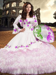 Long Sleeves Organza Floor Length Lace Up Sweet 16 Dress in White with Embroidery and Ruffled Layers