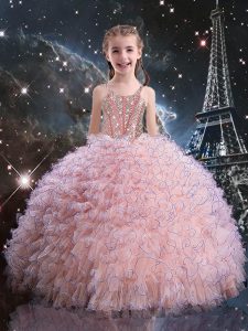 New Arrival Straps Short Sleeves Little Girl Pageant Dress Floor Length Beading and Ruffles Pink Organza