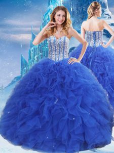 Royal Blue Ball Gowns Organza Sweetheart Sleeveless Beading and Ruffles and Sequins Floor Length Lace Up Sweet 16 Quinceanera Dress