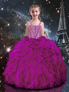 Short Sleeves Floor Length Beading and Ruffles Lace Up Pageant Gowns For Girls with Fuchsia