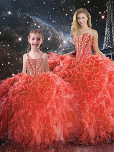 Sweetheart Sleeveless Lace Up 15 Quinceanera Dress Coral Red Organza