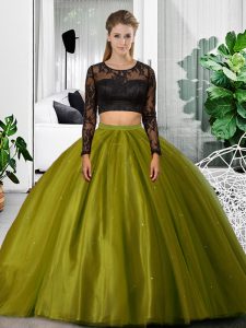 Romantic Olive Green Long Sleeves Tulle Backless Quince Ball Gowns for Military Ball and Sweet 16 and Quinceanera