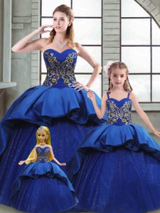 Lace Up Quinceanera Gowns Blue for Military Ball and Sweet 16 and Quinceanera with Beading and Appliques and Embroidery Court Train