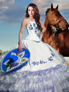 Floor Length Lace Up 15 Quinceanera Dress White for Military Ball and Sweet 16 and Quinceanera with Embroidery and Ruffled Layers