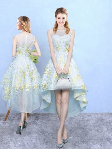 Sleeveless High Low Appliques and Pattern Zipper Damas Dress with Apple Green