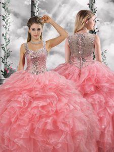 Pretty Watermelon Red Sleeveless Beading and Ruffles Floor Length Quinceanera Gowns