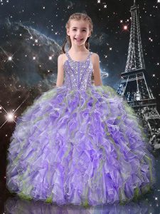 Elegant Lilac Ball Gowns Straps Sleeveless Organza Floor Length Lace Up Beading and Ruffles Child Pageant Dress