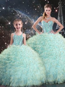 Custom Made Light Blue Ball Gowns Organza Sweetheart Sleeveless Beading and Ruffles Floor Length Lace Up Sweet 16 Dresses