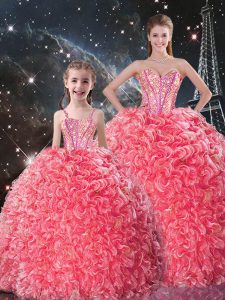Ball Gowns Ball Gown Prom Dress Coral Red Sweetheart Organza Sleeveless Floor Length Lace Up
