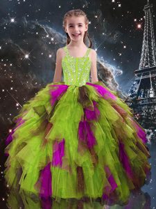 Fancy Yellow Green Sleeveless Tulle Lace Up Little Girls Pageant Gowns for Quinceanera and Wedding Party