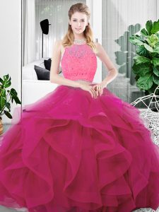 Custom Made Tulle Sleeveless Floor Length Quinceanera Gown and Lace and Ruffles