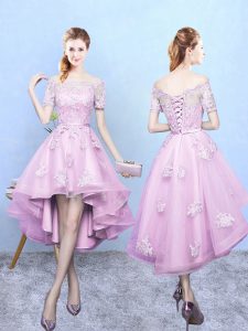 Short Sleeves Lace Lace Up Bridesmaid Dresses
