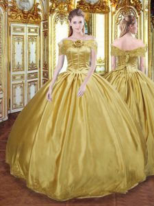 Flare Gold Ball Gowns Beading and Appliques and Hand Made Flower Quince Ball Gowns Lace Up Tulle Sleeveless Floor Length