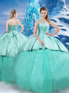 Enchanting Turquoise Tulle Lace Up Quinceanera Gown Sleeveless Brush Train Beading and Ruching