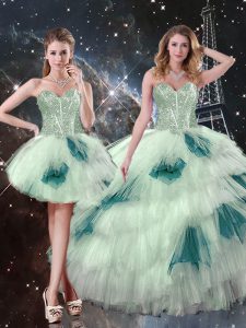 Designer Tulle Sleeveless Floor Length Sweet 16 Dress and Beading and Ruffled Layers and Sequins