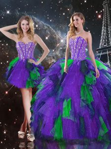 Custom Design Sleeveless Tulle Floor Length Lace Up Ball Gown Prom Dress in Multi-color with Beading and Ruffles