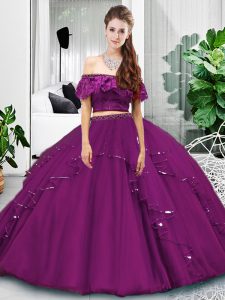 Luxurious Floor Length Lace Up 15 Quinceanera Dress Eggplant Purple for Military Ball and Sweet 16 and Quinceanera with Lace and Ruffles