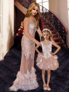 Hot Sale Pink Column/Sheath Beading and Ruffles and Sequins Prom Evening Gown Zipper Tulle Sleeveless With Train