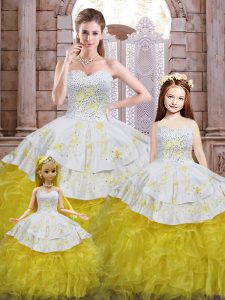 Colorful Yellow And White Ball Gowns Beading and Appliques and Ruffles Quince Ball Gowns Lace Up Organza Sleeveless Floor Length