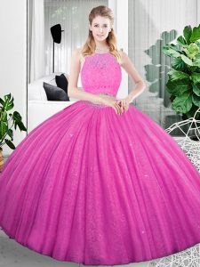 Scoop Sleeveless 15th Birthday Dress Floor Length Lace and Ruching Fuchsia Organza