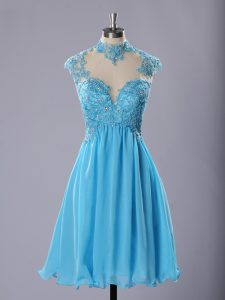 Chiffon High-neck Sleeveless Zipper Lace and Appliques Junior Homecoming Dress in Baby Blue