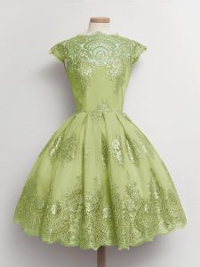Cute Knee Length Lace Up Quinceanera Court Dresses Yellow Green for Prom and Party and Wedding Party with Lace