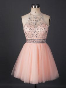 Peach Lace Up Scoop Beading Cocktail Dresses Tulle Sleeveless