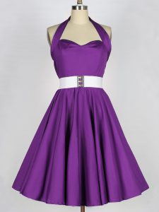 Sweet Eggplant Purple Sleeveless Knee Length Belt Lace Up Bridesmaid Dress