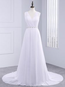 Sleeveless Beading and Ruching Backless Wedding Gown with White Brush Train