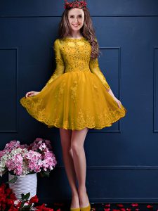 Chiffon 3 4 Length Sleeve Mini Length Damas Dress and Beading and Lace and Appliques