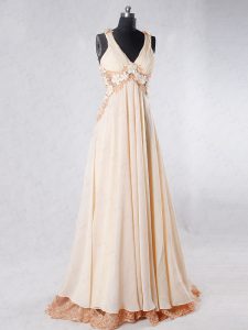 High Class A-line Sleeveless Champagne Prom Dresses Sweep Train Backless