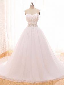 Cute Beading and Ruching Wedding Gowns White Clasp Handle Sleeveless