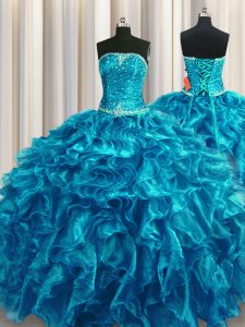 Teal Organza Lace Up Strapless Sleeveless Floor Length Quince Ball Gowns Beading and Ruffles