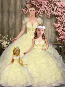 Best Selling Sleeveless Tulle Floor Length Lace Up Sweet 16 Dress in Light Yellow with Beading and Ruffles
