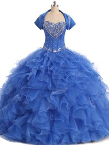Hot Selling Blue Ball Gowns Beading and Ruffles Quince Ball Gowns Lace Up Organza Sleeveless Floor Length