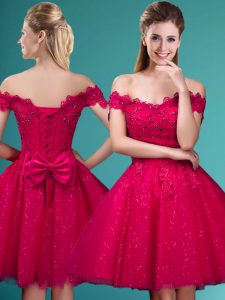 Exquisite Off The Shoulder Cap Sleeves Damas Dress Knee Length Lace and Belt Red Tulle
