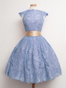 Ball Gowns Bridesmaid Gown Blue High-neck Lace Cap Sleeves Knee Length Lace Up