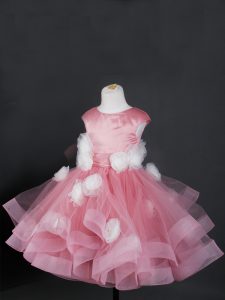 Beautiful Knee Length Zipper Little Girl Pageant Dress Pink for Wedding Party with Ruffles and Hand Made Flower