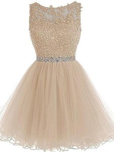 Champagne Tulle Zipper Scoop Sleeveless Mini Length Homecoming Gowns Beading and Lace and Appliques